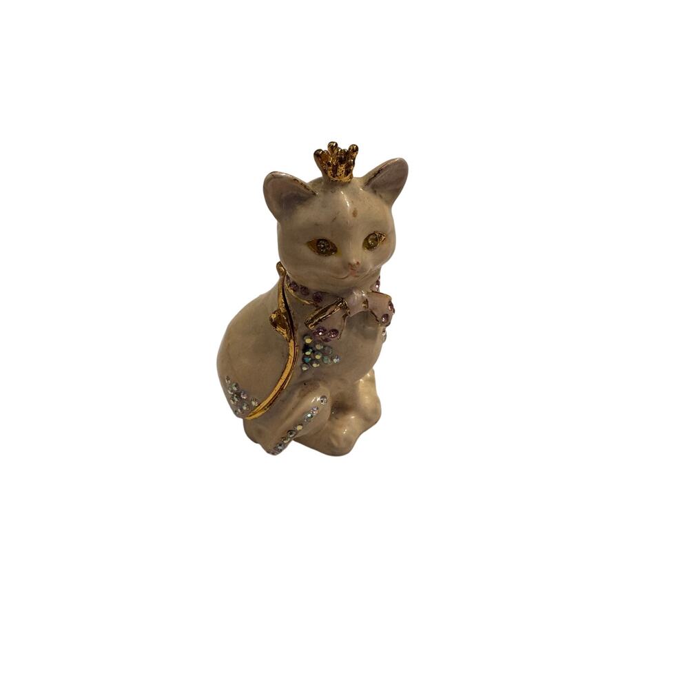 Vintage Cat Trinket Box w/Crown Bejeweled Magnetic 3"H Metal/Ceramic